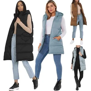Ladies Hooded Puffer Gilet Jacket Long Line Womens Padded Top Winter Body Warmer - Picture 1 of 15