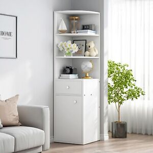 Vision Stylish Wooden Home Corner Shelf Storage Cabinet & Drawer (White)