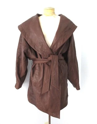 Винтажный 80-х 90-х коричневый из натуральной кожи большого размера пальто куртка широкий нагрудник шаль воротник L - Изображение 1 из 4