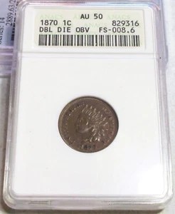 Moneda rara de Estados Unidos 1870 doble matriz anverso ddo cabeza india centavo anacs au50. - Imagen 1 de 12