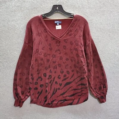 Democracy Women Sweater Large Red Leopard Print Long Sleeve V Neck Pullover - Image 1 of 4