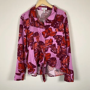 Sofia Vergara Tropical Palm Print Linen Button Down Tie Front Blouse Top XL NWT - Picture 1 of 7