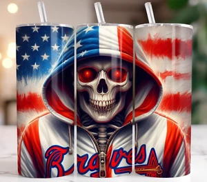Baseball Skull Hoodie Tumbler – 20oz Red White Blue Flag Sports Cup Braves - Picture 1 of 8