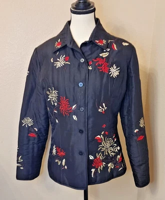 Jaqueta bordada floral acolchoada Silkland 100% seda preta tamanho 10 vintage Y2K - Imagem 1 de 4
