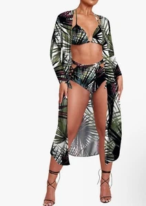 Tropical Womens Medium Print 3 piece Swim wear Bikini with Cover up Green Resort - Picture 1 of 5