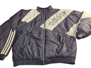Vintage 90s Adidas Puffer Jacket L Black White Coat Quilted Lining Logo Stitched - Picture 1 of 7