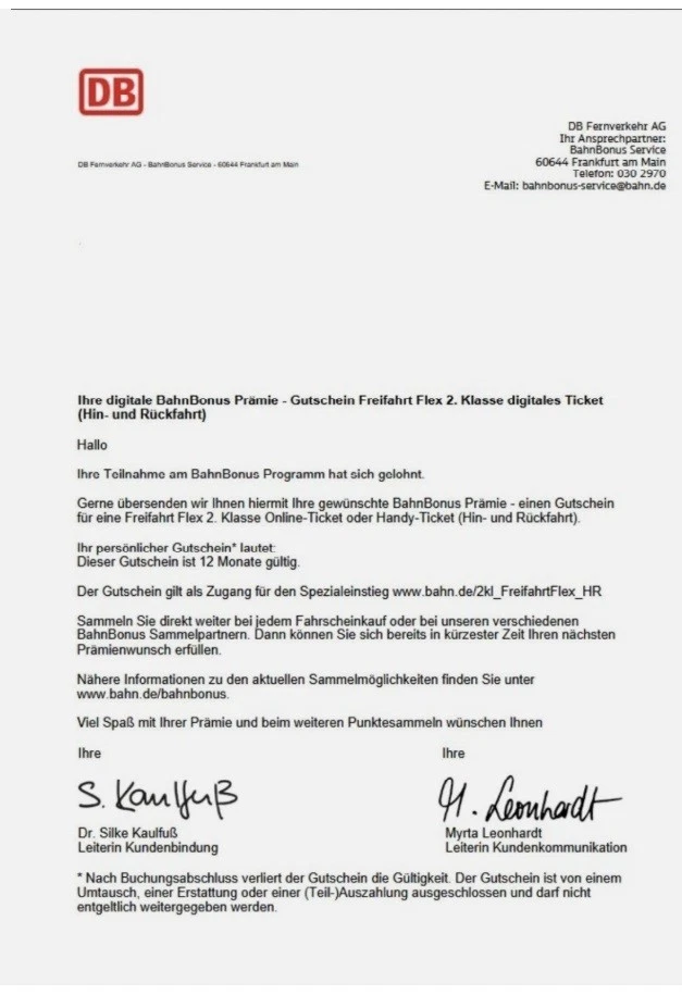 DB Bahn Freifahrt Flex Hin- und Rückfahrt 2. Klasse gültig bis November 2026 - Bild 1 von 1