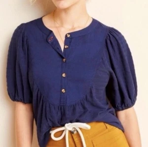 Top By Anthropologie blu Elinor testurizzato manica a sbuffo taglia large - Foto 1 di 13