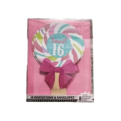 Леденец Sweet Sixteen 16 с бантом блестящие приглашения на вечеринку празднование 8 шт. - Изображение 1 из 4