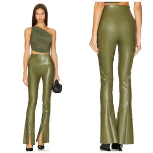 Norma Kamali Pant Legging XL High Rise Flared Leather Stretch Spat Olive Spat - Picture 1 of 9