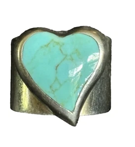 Vintage Heart Turquoise Sterling Silver Ring Wide Statement Size 7.75 ATI Mexico - Picture 1 of 15