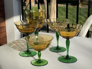 5 Rare Vintage Amber & Green Depression Glass Goblets - Picture 1 of 3
