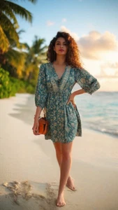 Mini Vestido Boho Talla Única Cuello en V Cachemira Cintura Imperio Fluido Mangas Campana 3/4 - Imagen 1 de 7