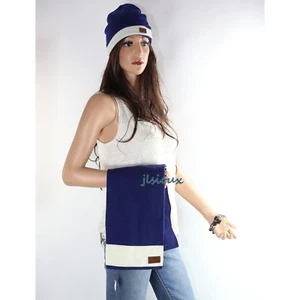 NWT Coach SET Men's Knit Muffler Scarf F98702 Beanie Hat F80707 Blue Ivory RARE - Picture 1 of 2