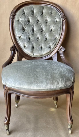 19th Century French Walnut Mid-Victorian Upholstered Parlor Chair with Wheels Cover