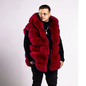 80CM Fashion Mens Natural Fox Fur Gilet Hooded Genuine Fur Thick Vest Waistcoats - Picture 1 of 8