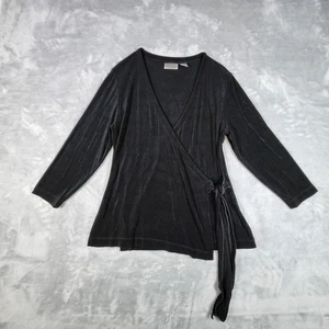 Chicos Travelers Liquid Knit Faux Wrap Top 2 Black Slinky Cross Front Stretch - Picture 1 of 8