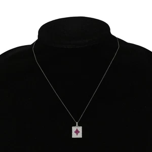 VINTAGE DIAMOND & PINK SAPPHIRE PLAYING CARD PENDANT NECKLACE 14K WHITE GOLD 16" - Picture 1 of 4