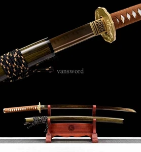 T10 Steel Clay Tempered Japanese Katana Brass Tsuba Sword Full Tang For Battle - Picture 1 of 10