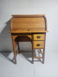 Vintage Plymouth Rock Rustic Wood Child Student Roll Top Secretary Writing Desk - Picture 1 of 8