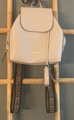 Calvin Klein Back Pack Style Purse Travel Bag Faux Leather Beige & Black - Image 1 of 4