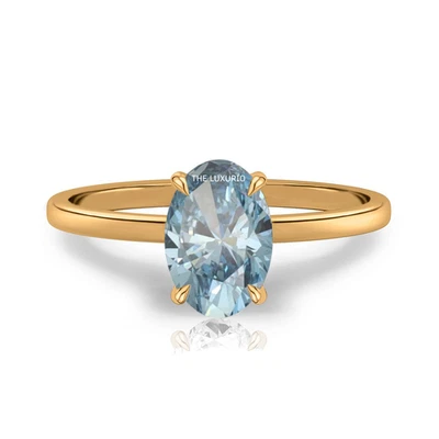 Oval Cut Diamond Ring Fancy Intense Blue IGI 1.2 Carat Lab Grown 14K Yellow Gold - Image 1 of 4