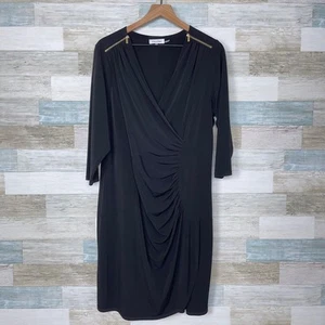 Calvin Klein Ruched Faux Wrap Jersey Dress Black Zippers Stretch Womens Plus 0X - Picture 1 of 8
