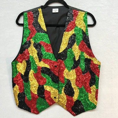 VTG All Sequin Beaded Vest 80s Black Red Green Gold Holiday Snaps Tie Medium - Image 1 of 4
