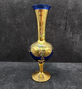 Jarrón de cristal de Murano GIETWARE ITALIANA Moriage azul detalles dorados florales - Imagen 1 de 17