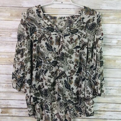 Ecote Top Small L/S Multicolor Paisley Oversized High Low V-Neck Sheer Tunic  - Image 1 of 4