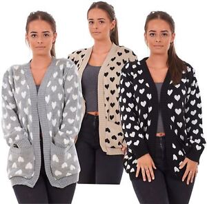 New Ladies Heart Knitted Cardigan Pockets Long Sleeve Regular Big Sizes S to 3XL