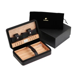 Humidor de cigarros de cuero portátil con soporte de 4 tubos caja de viaje de madera de cedro negra - Imagen 1 de 6
