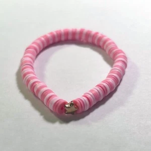 Bubblegum Pink Polymer Clay Beaded Bracelet w/ Rose Gold Brass Star - Handmade - Picture 1 of 1