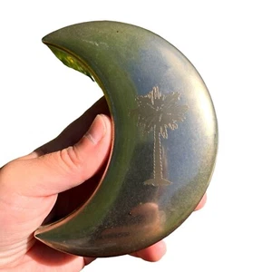 Moon Shaped Silver Color Metal Trinket Jewelry Box Palm Tree Blue Velvet Lining - Picture 1 of 10