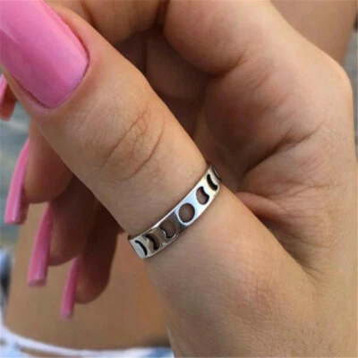 Unisex Lunar Moon Phases Science Space Nature Ring Hollow Silver Band Sizes 5-11 - Image 1 of 3