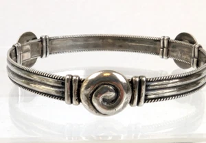 Sterling Silver Bangle Bracelet with 3 Spiral 5/8" Decorations 2.5" Diameter - Picture 1 of 5