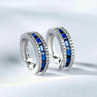 2Ct Emerald Cut Blue Sapphire Huggie Hoop Clip On Earrings 14k White Gold Finish - Image 1 of 4