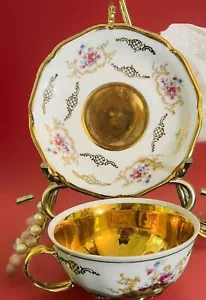 Taza y platillo vintage dorado y rosa floral Baviera Alemania - Imagen 1 de 11