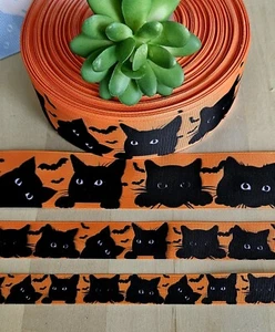 5/8 & 7/8  1.5" (1 YD) Black Cat Grosgrain Ribbon Halloween Black Cat Spooky - Picture 1 of 2