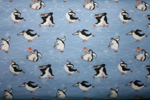 SKATE DANCING PENGUINS ON BLUE - 100% COTTON FABRIC - Picture 1 of 3