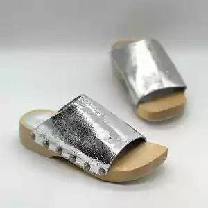 OPENING CEREMONY Nykola Leather Clog Womens 36 5.5 Silver Slip on Slide Open Toe - Picture 1 of 12