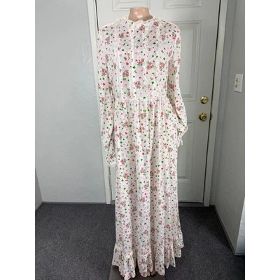 Vestido Vintage Años 70 Hecho a Mano Floral Algodón Manga Larga Hippy Pradera Encaje Corazón T2 Foto 1 de 4