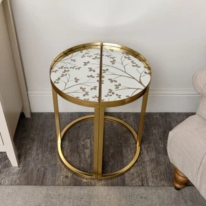 Set 2 tavolini semicerchio oro stampato specchiato laminato foglia floreale antico - Foto 1 di 6