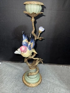 Candelabro Mark Roberts Porcelana y Ormolu Bronce Pájaro Flores 13"" Alto Nuevo en Caja - Imagen 1 de 6