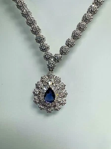 Sapphire Gemstone 925 Sterling Silver Chain Diamonique Necklace 18" - Picture 1 of 6