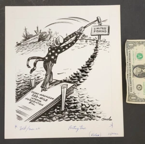 1975 Uncle Sam Limited Fishing Leroy GENSLER vtg Original Art Political Cartoon - Picture 1 of 4