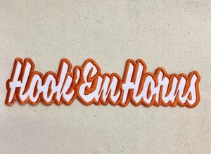8" Hook 'Em Horns - White/Burnt Orange - Iron On Embroidered/Applique Patch - Picture 1 of 1