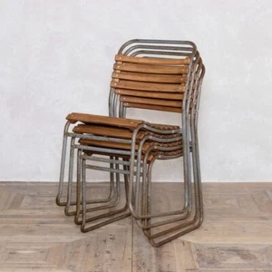 VINTAGE SLATTED WOODEN SLATS AND STEEL FRAME STACKING CHAIR COMMERCIAL CHAIRS - Picture 1 of 12
