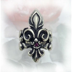 Unique Fleur De Lis Sterling Silver Ring with Ruby Stone - Picture 1 of 6