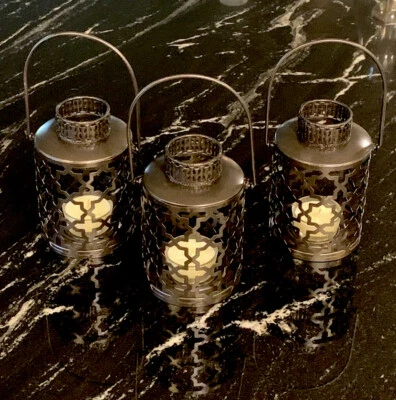 Set Of 3 Black Metallic Metal Lanterns Includes Candles Deco Geometric Pattern - Image 1 of 4